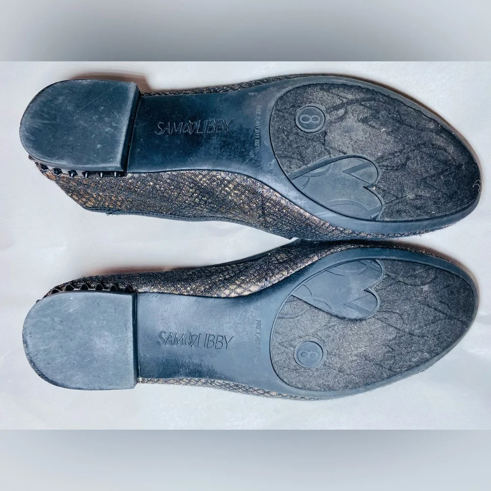 SAM & LIBBY Gold Black Studded Slip On Flats Glittery Fabric Womens Shoes‎ , 8